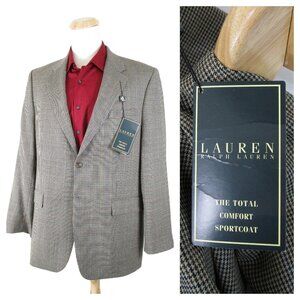 Lauren Ralph Lauren Mens Gray Tan Houndstooth Wool Sport Coat Jacket 44L